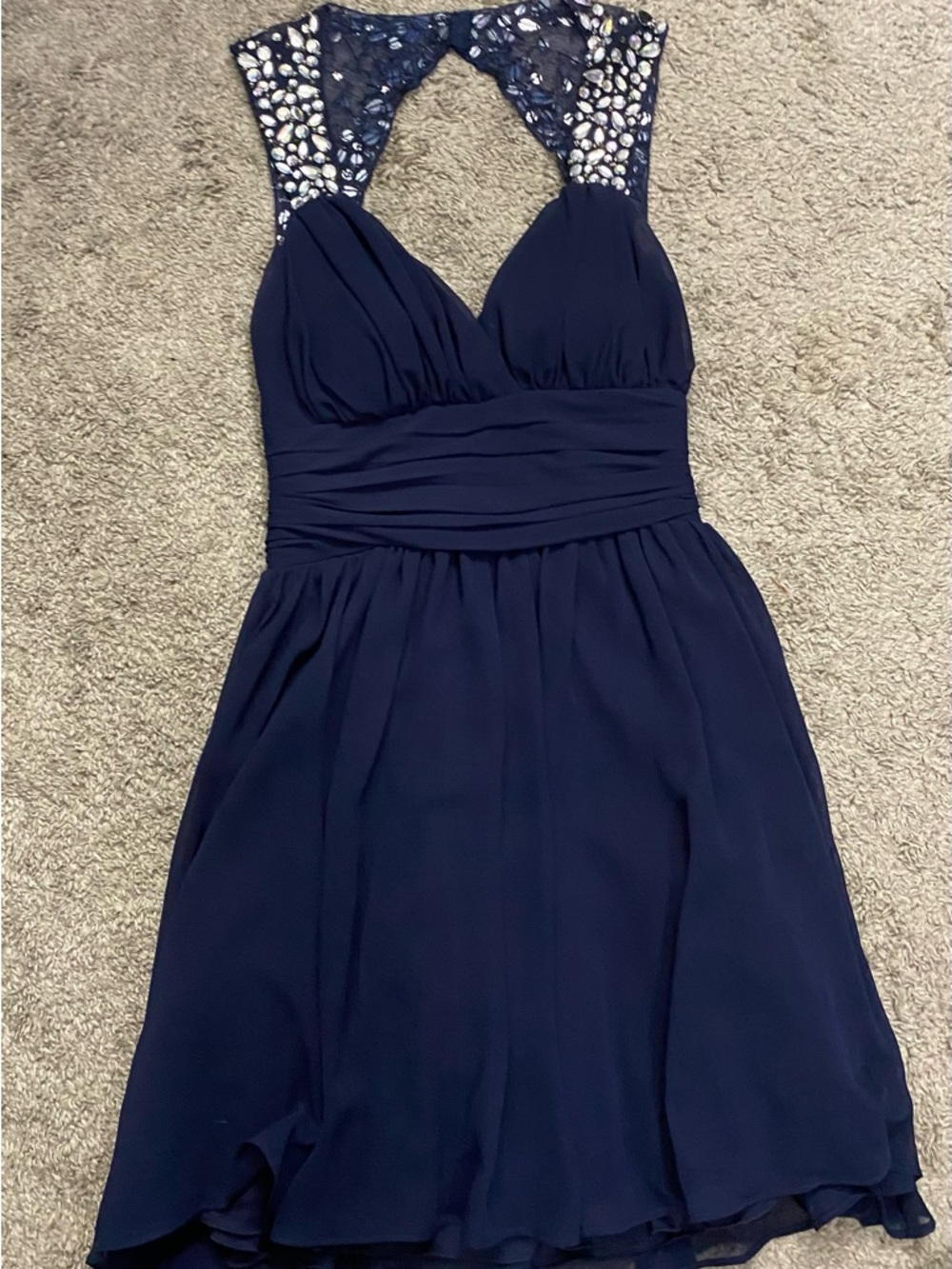 Navy Beaded Chiffon Prom Dress